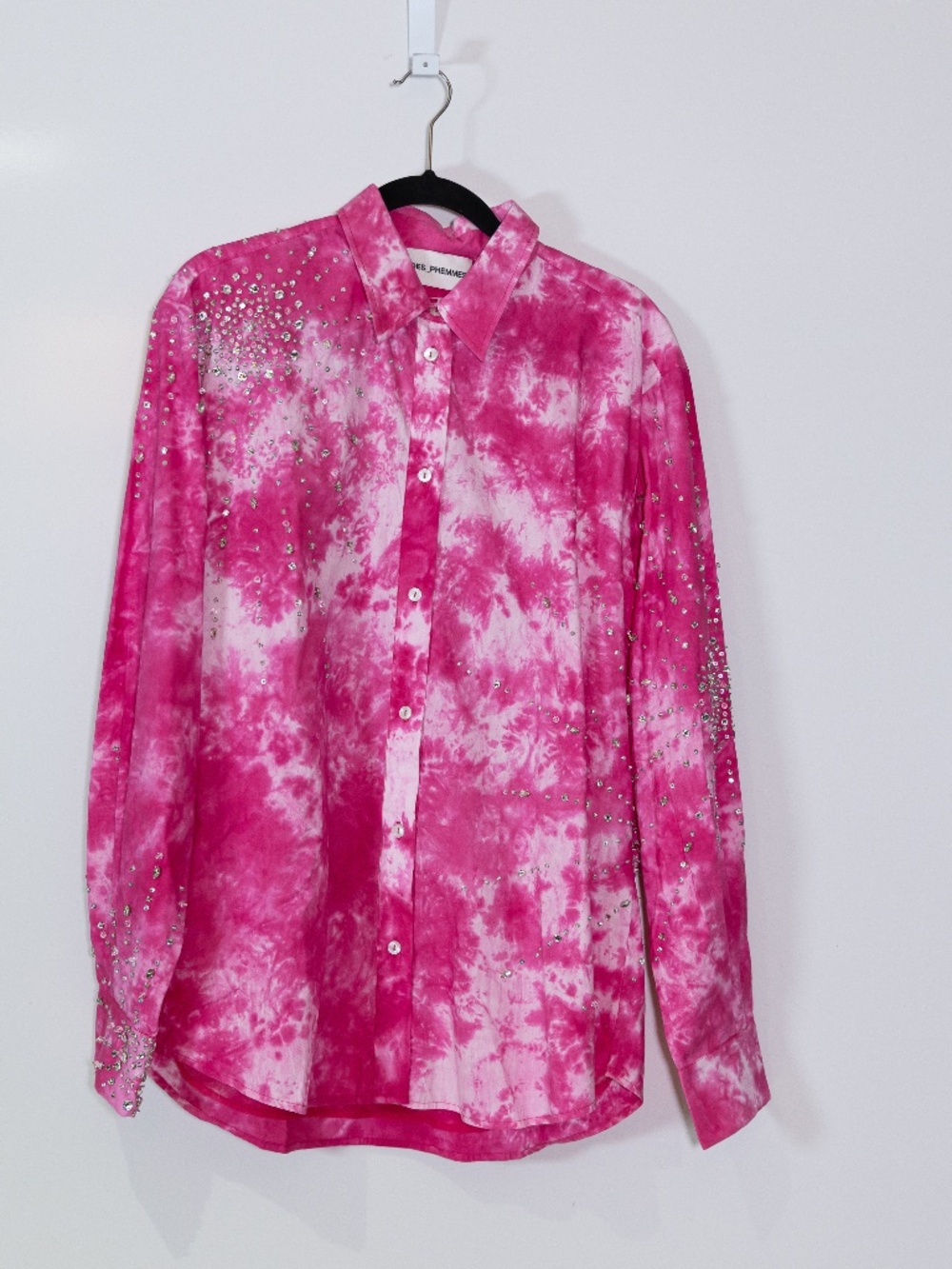 Des_Phemmes Cotton Crystal Jewel Embellished Tie Dye Button Down Shirt Pink S